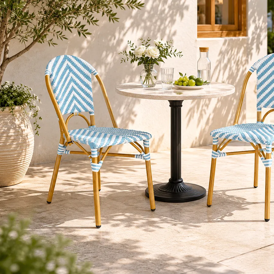 Chaise de bistrot BASTILLE - chevron bleu pastel / blanc / bleu