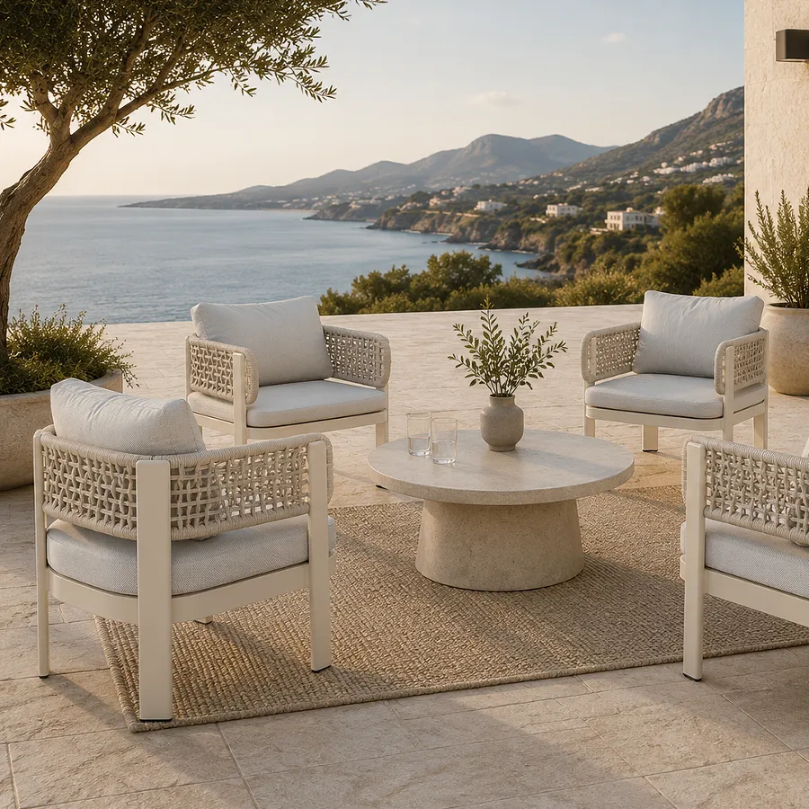 Fauteuil de terrasse ANTIBES - cordage ajouré blanc crème / avoine / gris clair