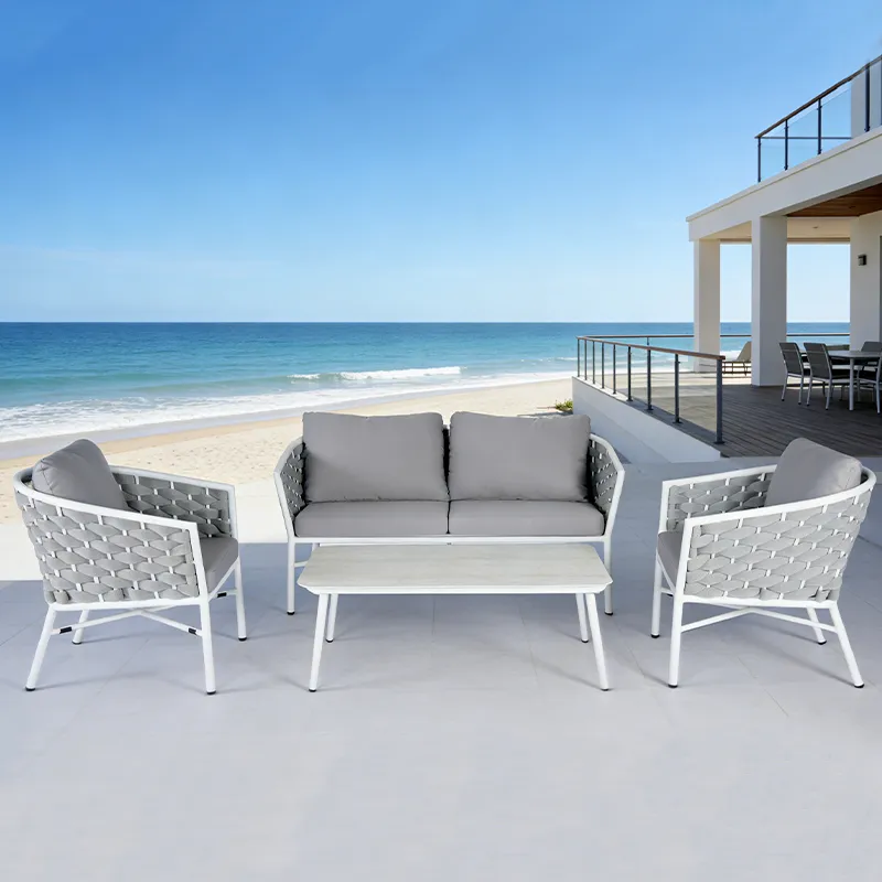 Salon de terrasse cordage COMO - tressage gris clair / blanc / gris
